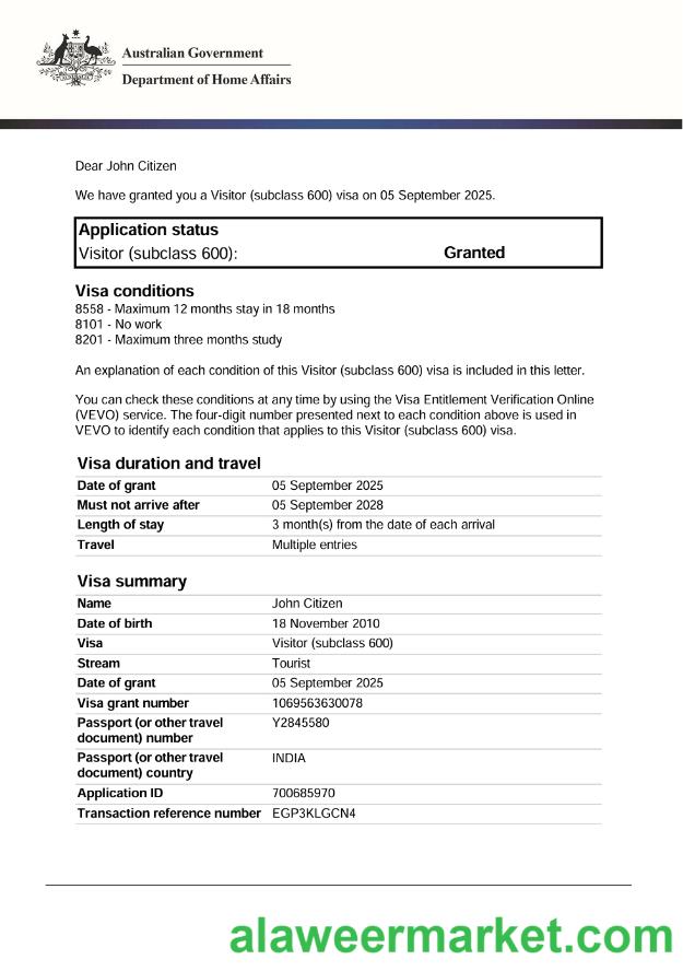 Australia e-visa template in Word and PDF formats, version 2